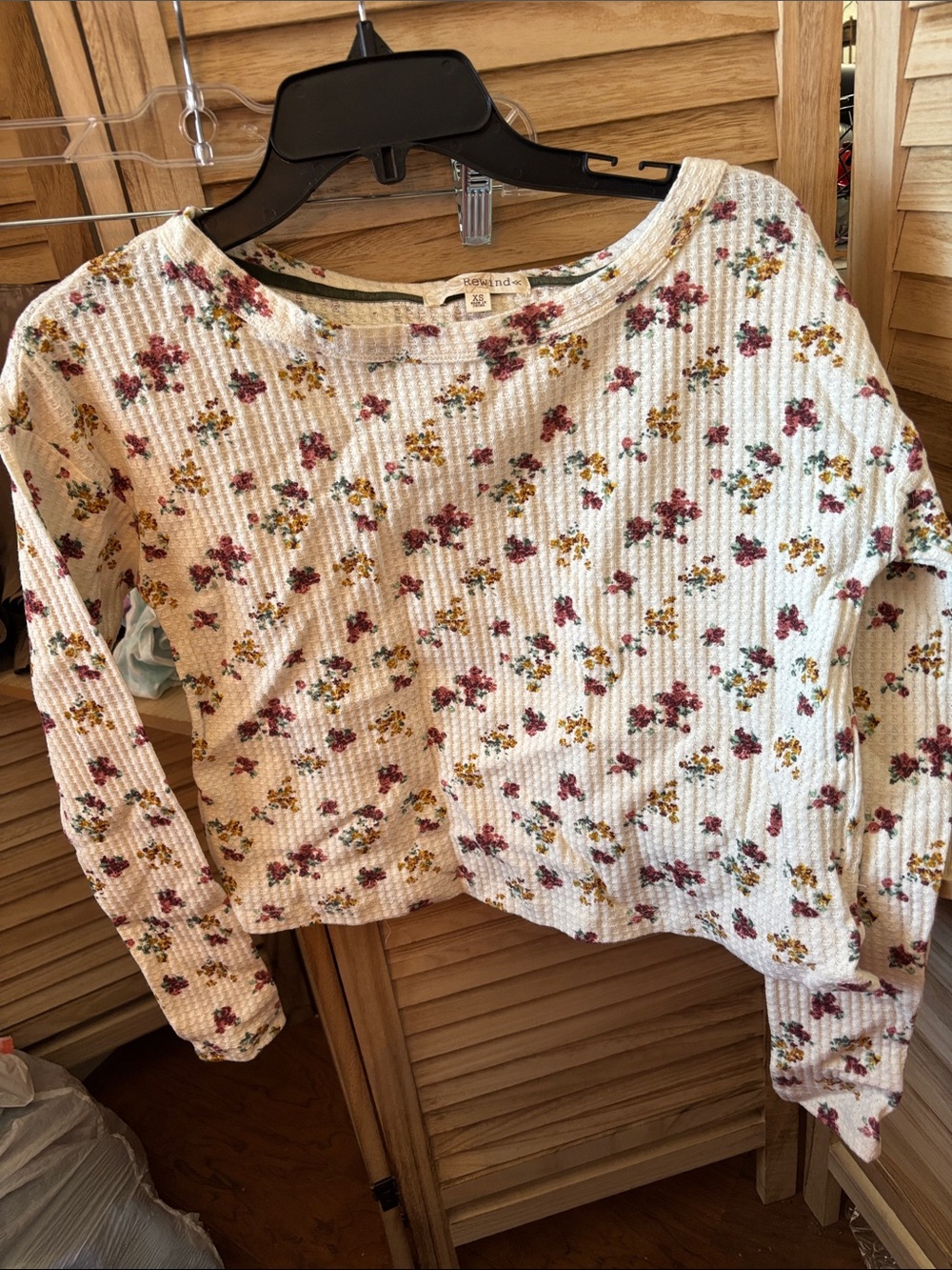 Rewind Cream Floral Waffle Knit Long Sleeve Top with Pink and Mustard Flowers XS